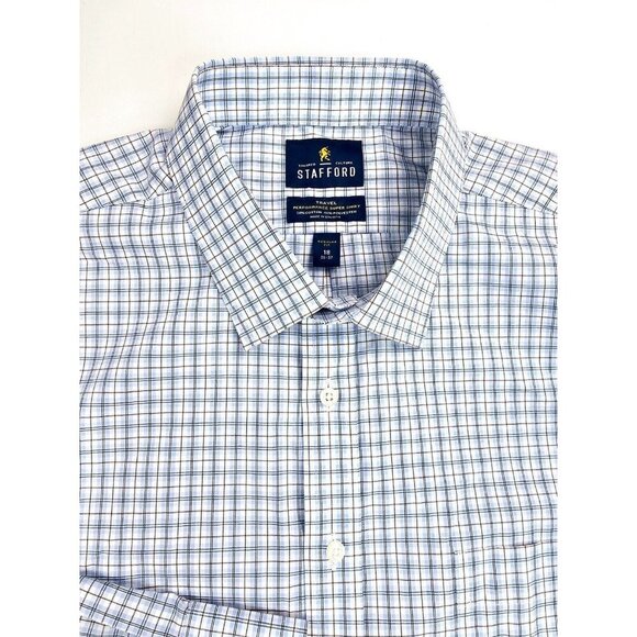 Stafford Regular Fit Size 18 36-37 Men's White Blue Burgundy Check Travel Shirt - Picture 1 of 10